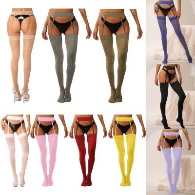 Women See-Through Stocking Tights Oil Glossy Floral Lace Suspender Pantyhose